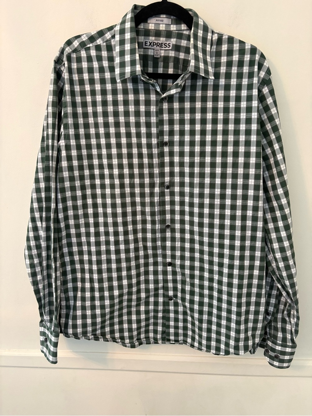 Express Men’s Dress Shirt Plaid Green/gray Long Sleeve Fitted Sz L (16-16 1/2) - Picture 8 of 8